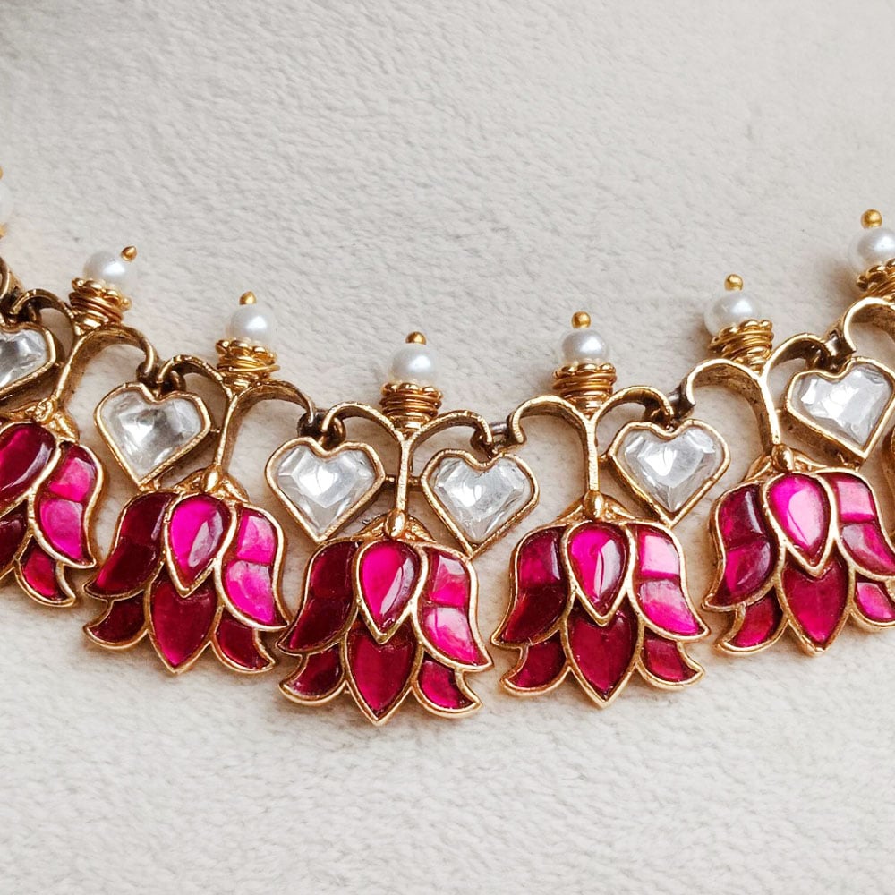 Handmade Brass Metal Jewellery Pink Lotus Necklace Set